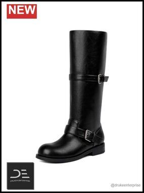 Vintage Faux Leather Double Buckle Knee High Riding Boots Women